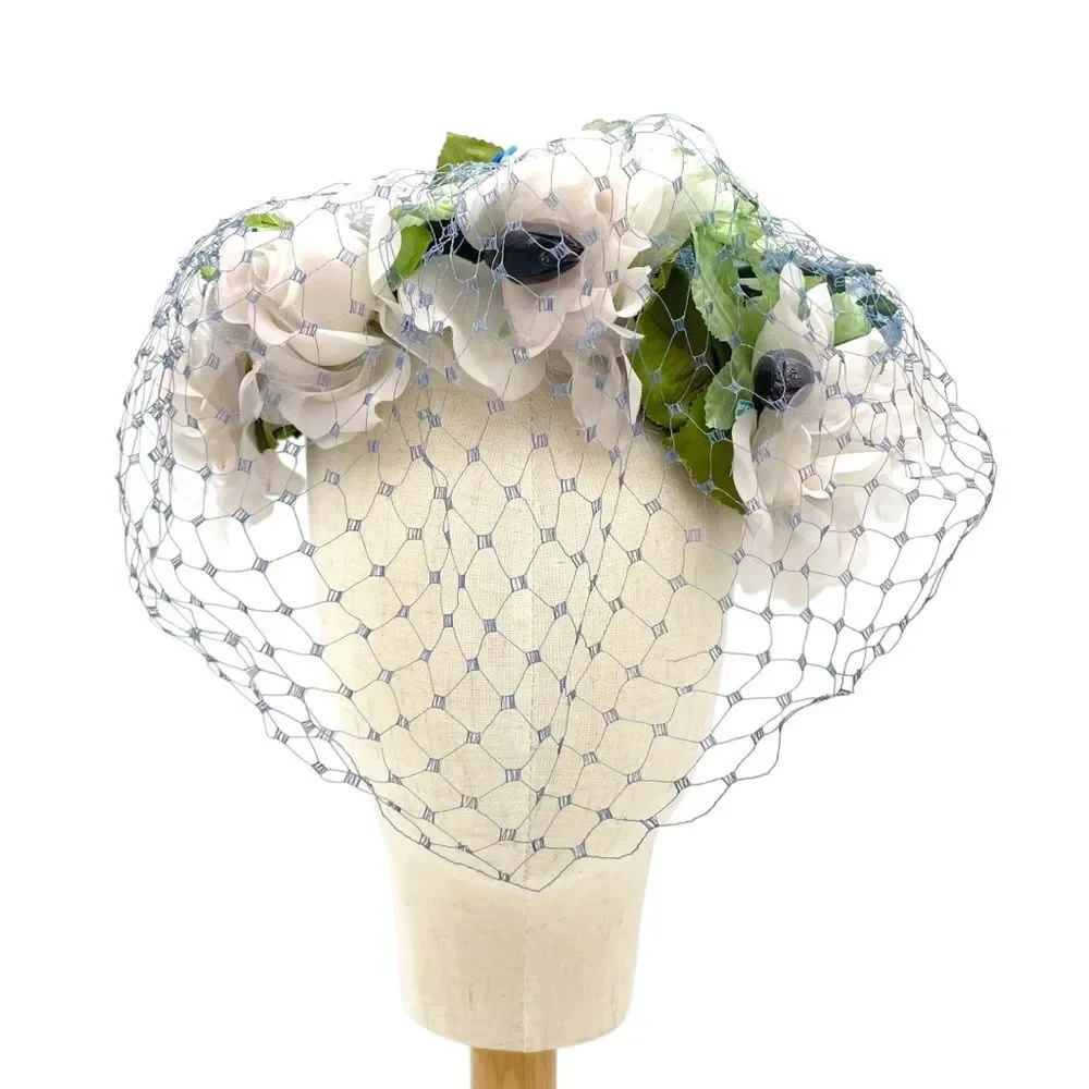 Vintage 1950s Le Cavalier Floral Hat w/ Veil White Roses Blue Accents Netting - Picture 3 of 15